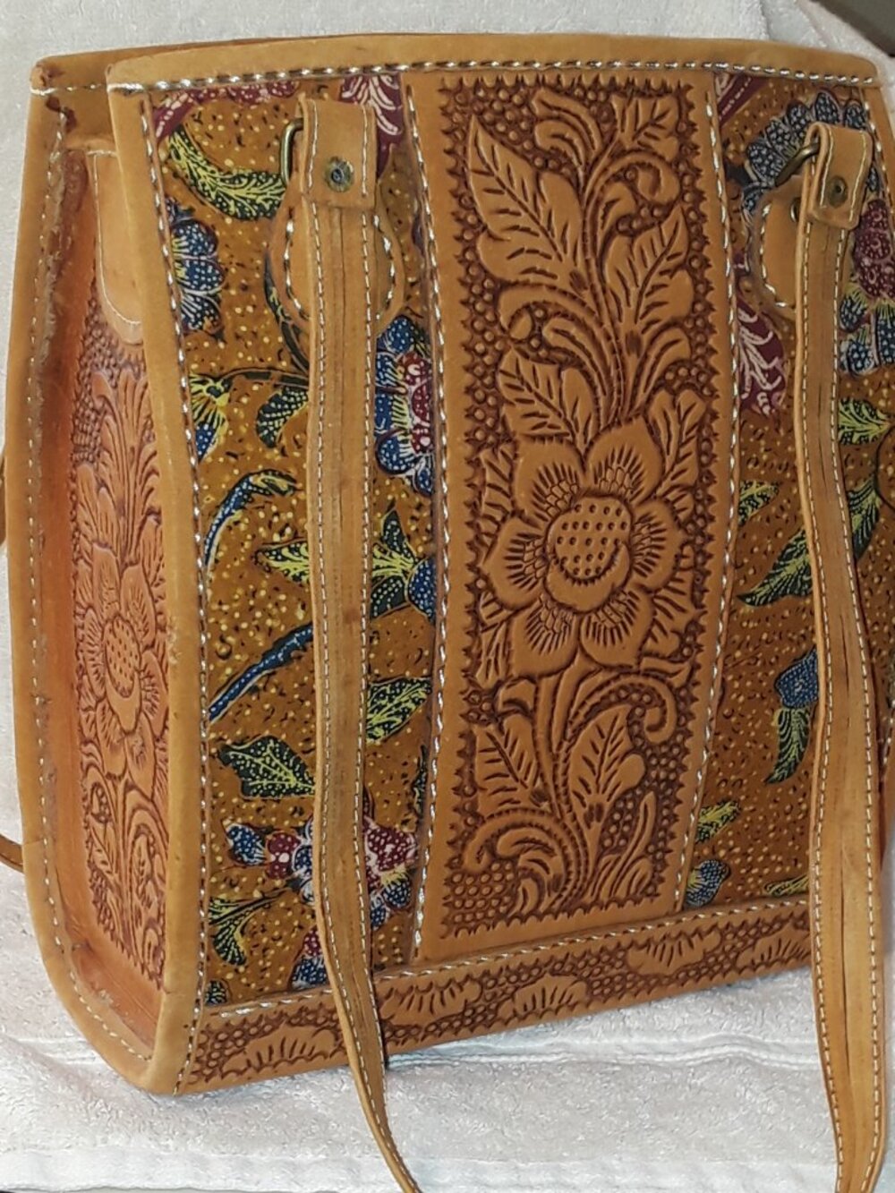 Shoulder Bag Leather Hand Tooled/Painted Floral Suede Lined Boho Vintage Tote - Picture 2 of 16
